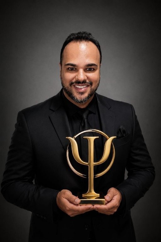Marcelo Lima de terno preto segurando o símbolo da Psicologia